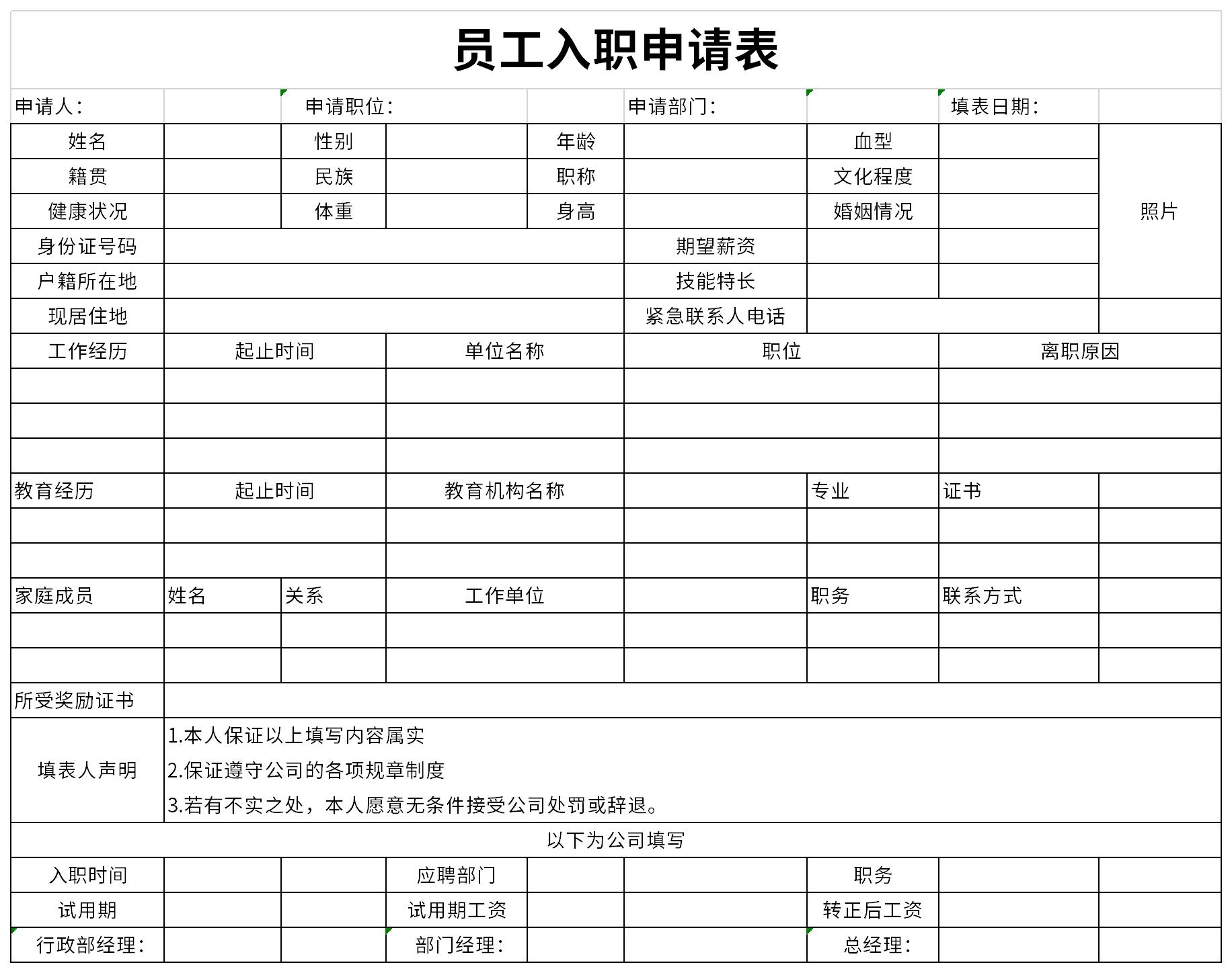 入职申请表模板2025